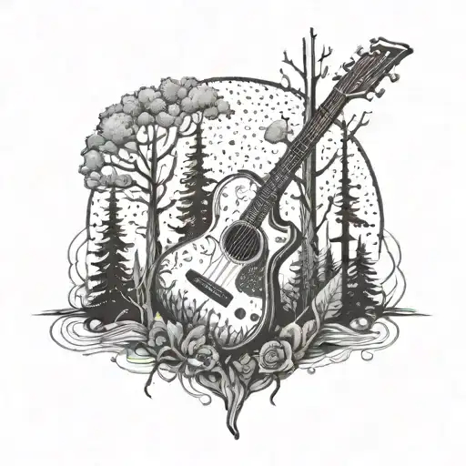 A mystical forest scene with a guitar and paintbrushes hidden among the trees, reflecting the client's connection to nature and creativity tattoo design idea