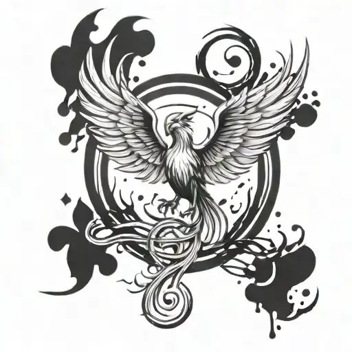 A phoenix rising from the ashes with musical notes and paint splashes, representing the client's journey as a survivor and healer through art and music tattoo design idea
