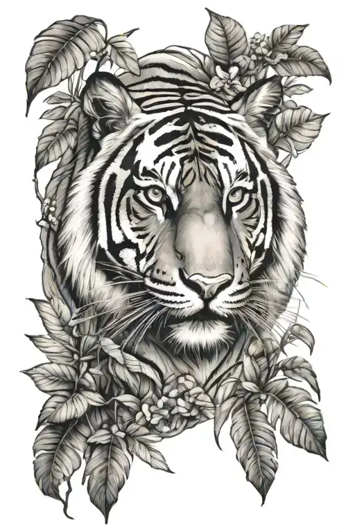 tiger in a jungle forest with trees tattoo design idea