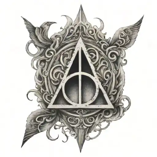Tattoo on the back of neck with the Deathly hallows as centre piece with harry potter references all around it tattoo design idea