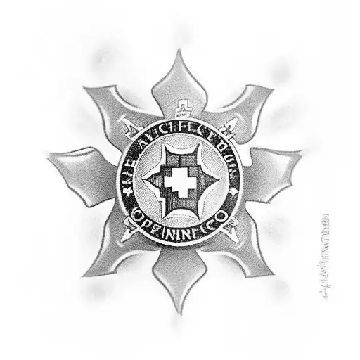 A black and grey tattoo of a paramedic's badge entwined with flowers and stars, with a coffee cup resting on top tattoo design idea