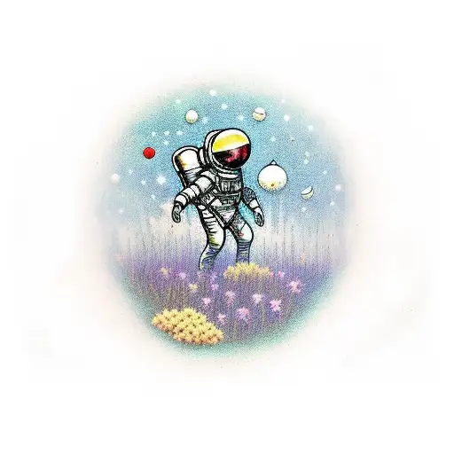cosmonaut walking through a field of mushrooms and hemp against the background of the starry sky tattoo design idea