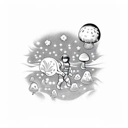 cosmonaut walking through a field of mushrooms and hemp against the background of the starry sky tattoo design idea
