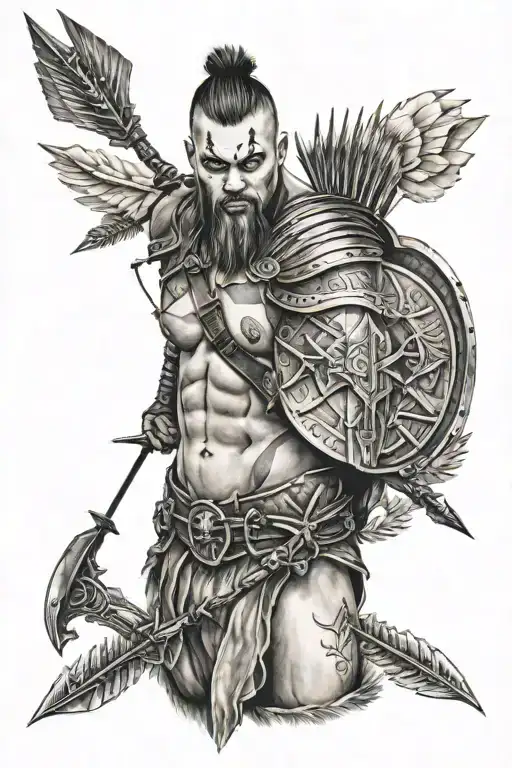 Realism tattoo that includes 3 arrow heads and a male white warrior with Down syndrome black and grey tattoo design idea