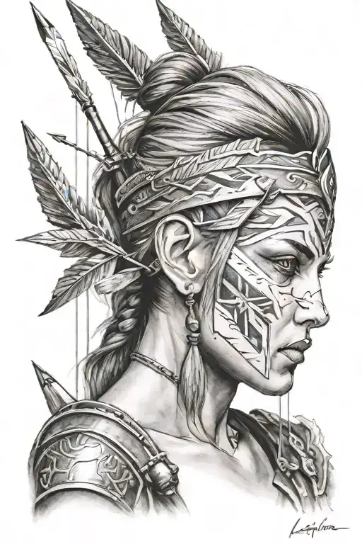 Realism tattoo that includes 3 arrows side by side and a female warriors face black and grey tattoo design idea