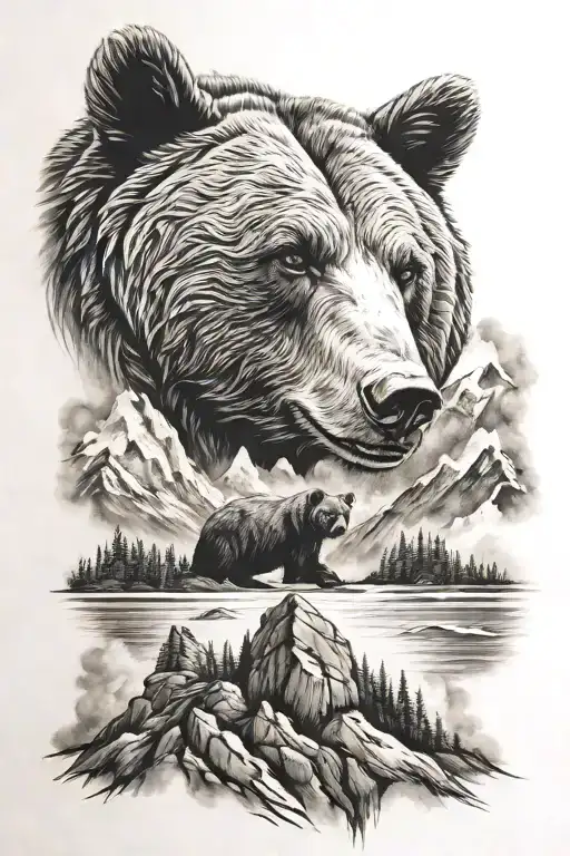 bear with mountains tattoo design idea