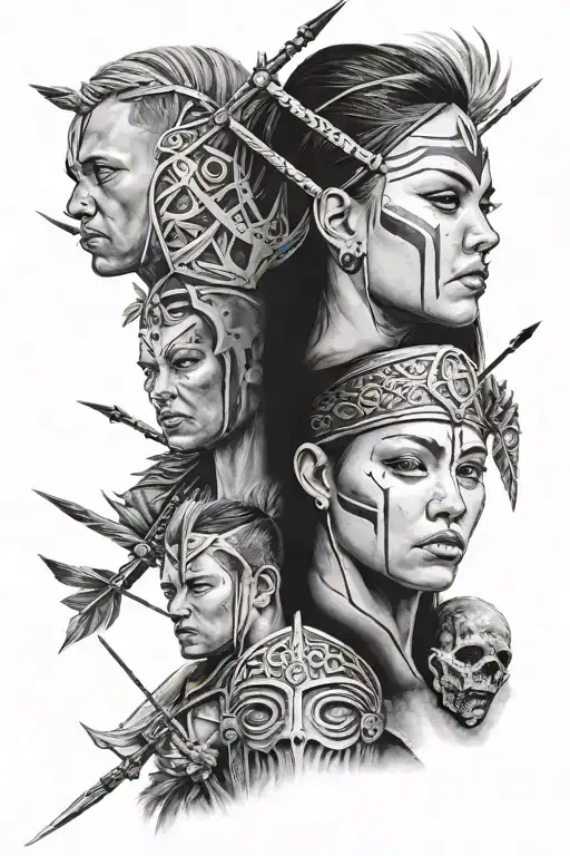Realism tattoo that includes 3 arrow heads and a female white warrior with Down syndrome just face black and grey tattoo design idea