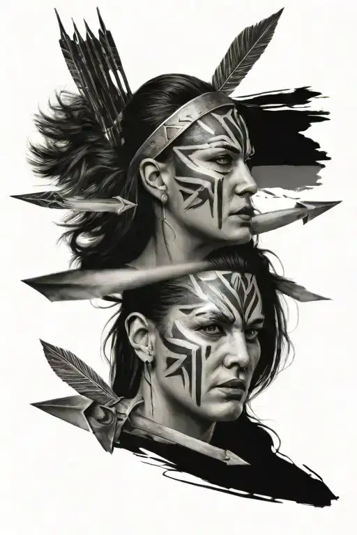 Realism tattoo that includes 3 arrow heads and a female warriors face black and grey tattoo design idea