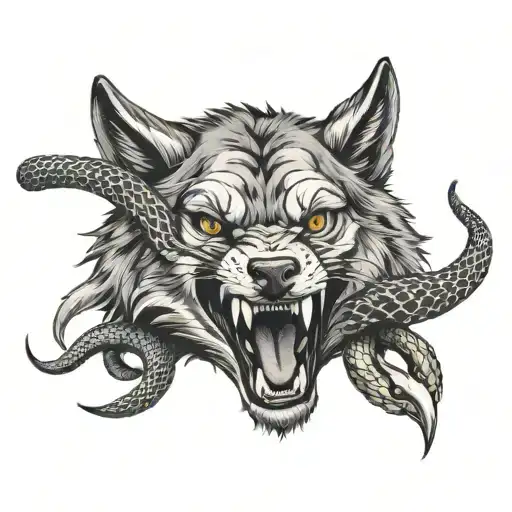 wolf biting a snake wrapped tattoo design idea