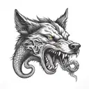 wolf biting a snake wrapped tattoo design idea