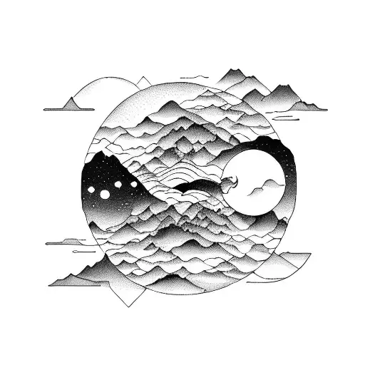 cats in yin-yang in the lower part, in the background some mountains with a northern lights, in a circular shape tattoo design idea