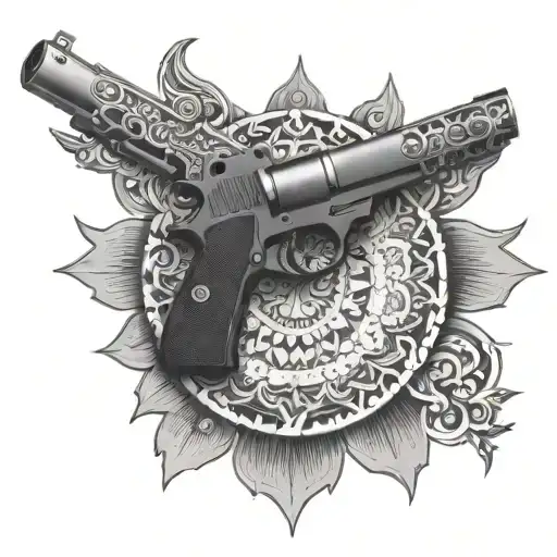 An intricate mandala design incorporating gun motifs, representing balance and protection tattoo design idea