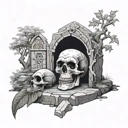the death skull and tomb stone with a tree  tattoo design idea