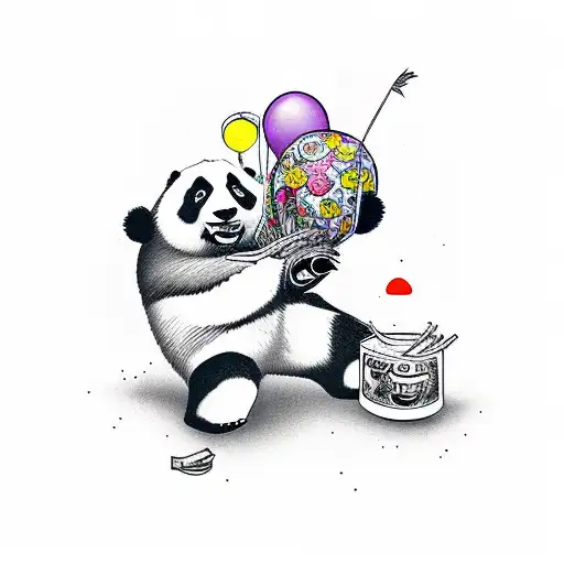 Panda eating bamboo nad holding RSS baloon tattoo design idea
