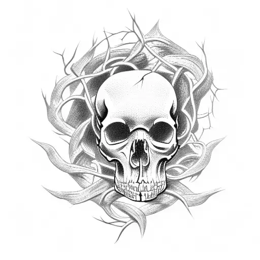 A dark and twisted vine with thorns wrapping around a skull tattoo design idea