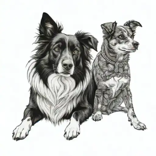 two black dogs. one a boarder collie lab mix, the other dog a Pomeranian chihuahua mix. heavenly and peaceful tattoo design idea