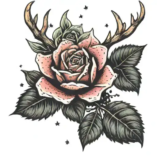 Black rose succulent intertwined with antlers with stars and the Orion constellation tattoo design idea