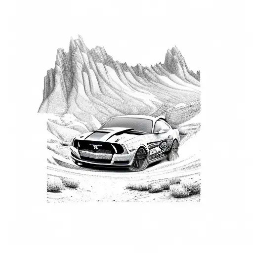 a mustang car driving in mountains  tattoo design idea