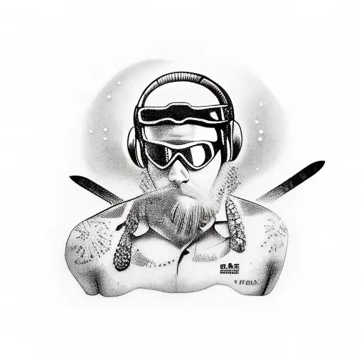 A realistic tattoo of a skiing spy with a bicep-shaped ski slope tattoo design idea