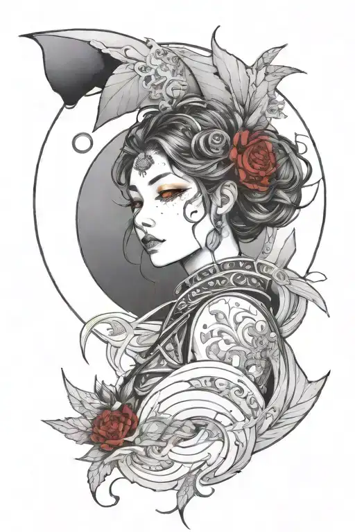 A red moon with intricate lineart of a woman anime tattoo design idea