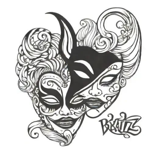 comedy and tragedy mask bratz faces merged together tattoo design idea