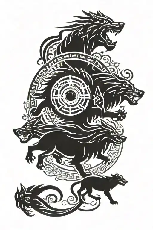 Fenrir and vegvisir in oriental style tattoo design idea