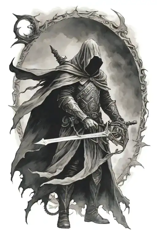 A nazgul holding a sword with a big halo behind his back surounded by mist tattoo design idea