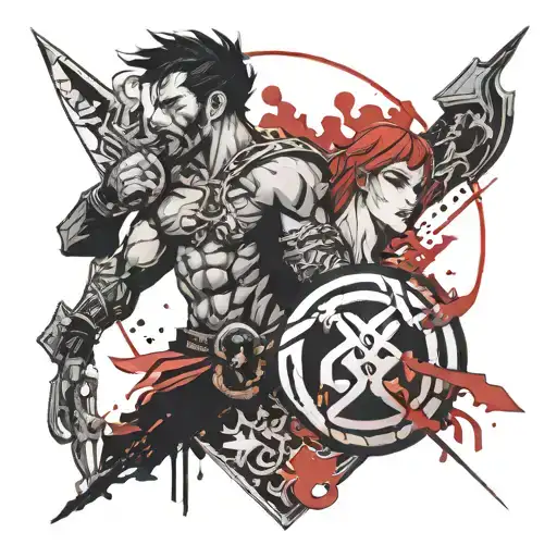 yoru and Chamber from valorant, zed and braum from LoL on an shield, that represents the struggle of self improvement  tattoo design idea