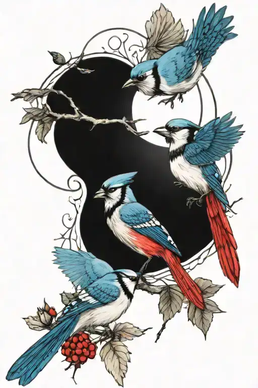 a blue jay and a cardinal flying together in ying yang type of pattern. surrounded by a trees or in front of the sun. tattoo design idea