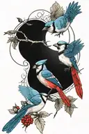 a blue jay and a cardinal flying together in ying yang type of pattern. surrounded by a trees or in front of the sun. tattoo design idea