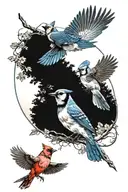 a blue jay and a cardinal flying together in ying yang type of pattern. surrounded by a trees or in front of the sun. tattoo design idea