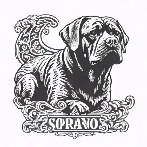A design combining the Sopranos logo with a Rottweiler in a black-grey style tattoo design idea