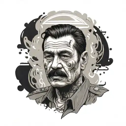 A tattoo of a fictional drug lord from a popular TV show in a military uniform, with a dramatic black and grey portrait style tattoo design idea