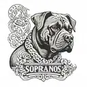 A design combining the Sopranos logo with a Rottweiler in a black-grey style tattoo design idea