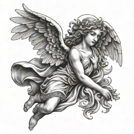 angel with inscription in latin tattoo design idea