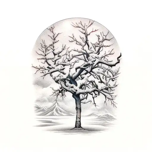 Three birds sitting on apple tree branches in the mountains tattoo design idea