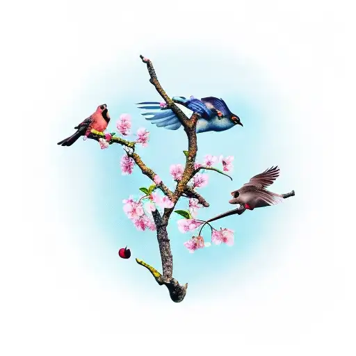 Three birds circling an apple tree blossom  tattoo design idea