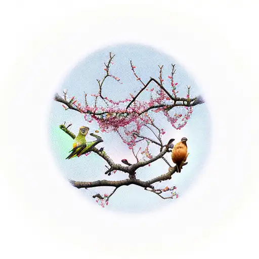 Three birds circling an apple tree blossom  tattoo design idea