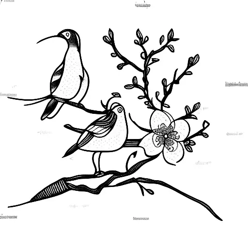 Three birds circling an apple tree blossom  tattoo design idea