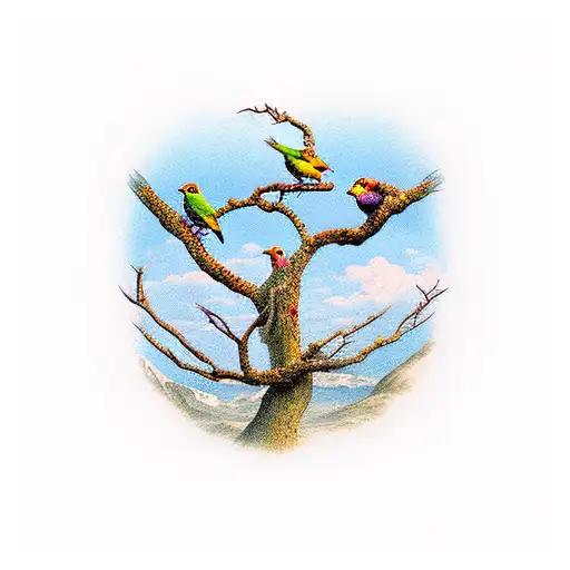 Three birds sitting on apple tree branches in the mountains tattoo design idea