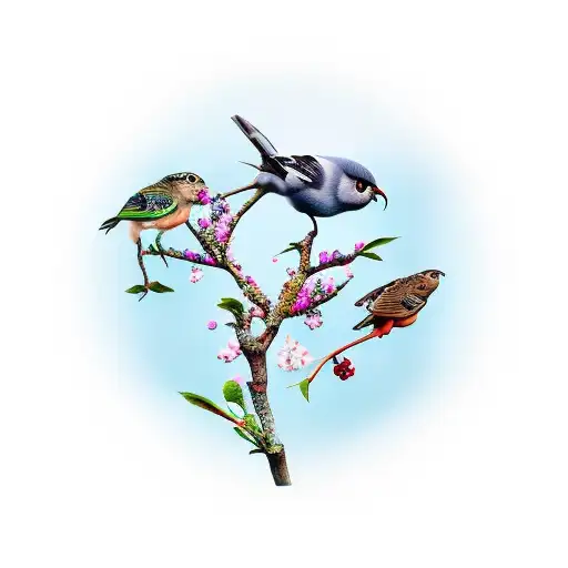 Three birds circling an apple tree blossom representing friendship and love tattoo design idea