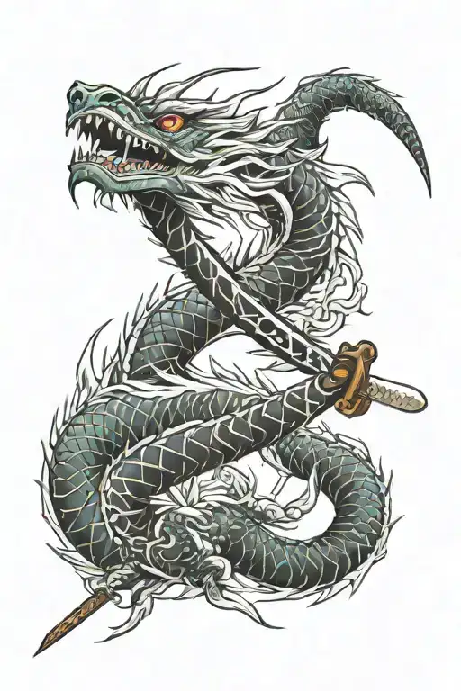 japanese dragon wrapped round a katana sword tattoo design idea