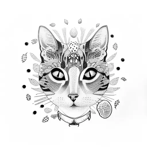 A dotwork tattoo of a cat artist holding a palette of colorful fruits and vegetables, symbolizing the connection between food and art tattoo design idea