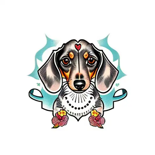 dachshund with flowers tattoo design idea