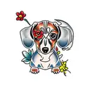 dachshund with flowers tattoo design idea
