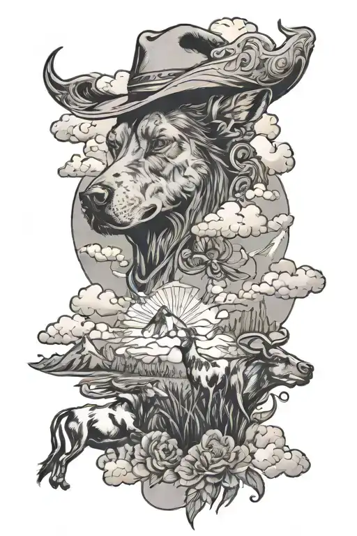 sleeve tattoo in black and gray shading with mountains, dog, clouds, columbine, cowboy style cattle tattoo design idea