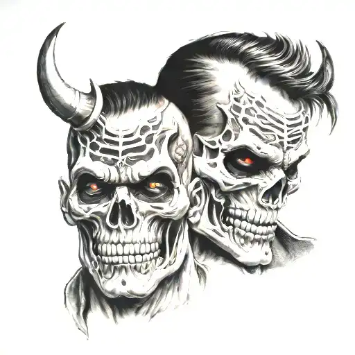 demon, skull, mask, depression, two face tattoo design idea
