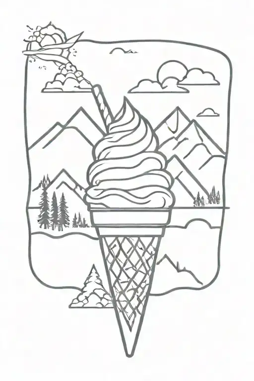Mr Whippy ice cream with cone and flake mountains pine tattoo design idea