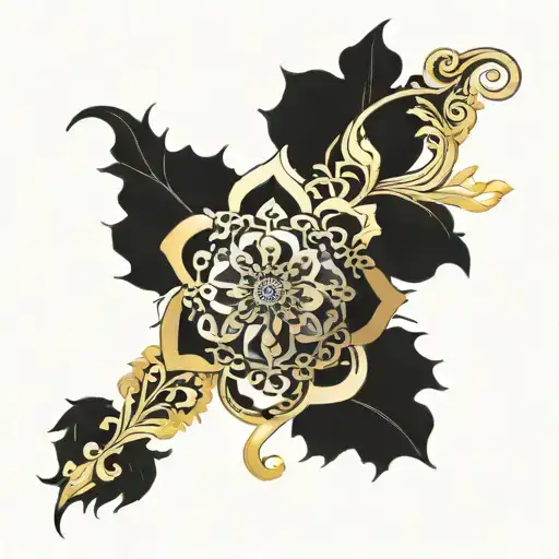 ornamental feminine pattern sleeve tattoo featuring gold accents tattoo design idea