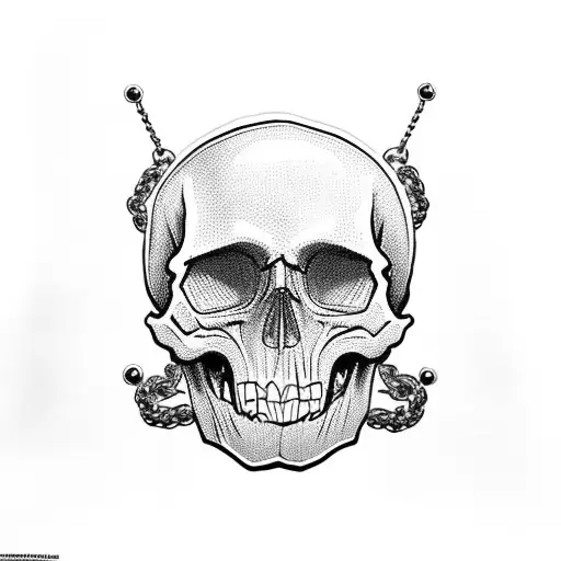 skull with chains around it, and the skull is biting on the chains with its teeth tattoo design idea
